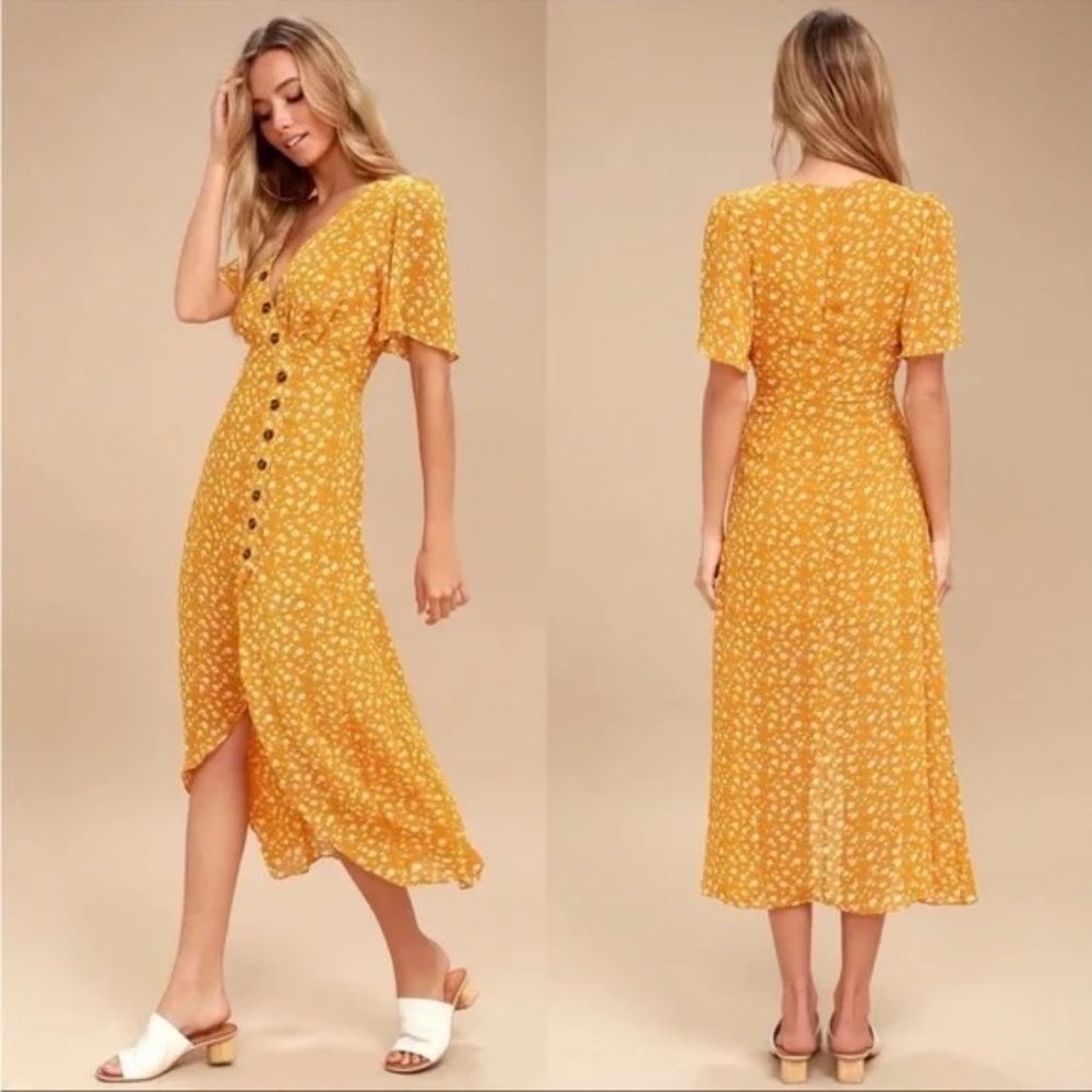 Lulu's Golden Mustard Floral Button-Front Midi Dress